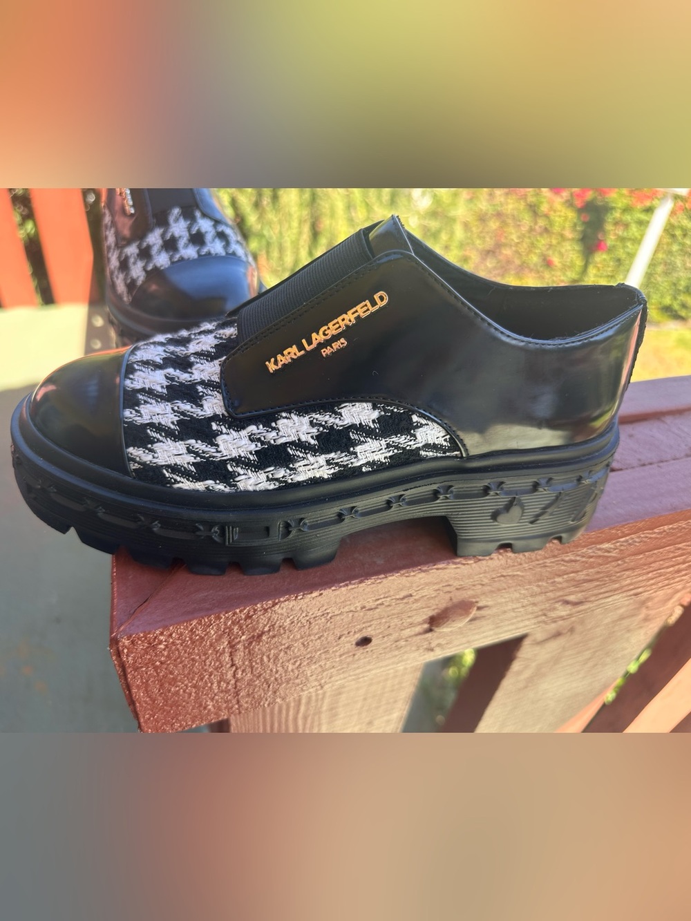 Karl Lagerfeld Lakely Black Patent & Houndstooth Tweed Platform Loafer - Picture 3 of 12